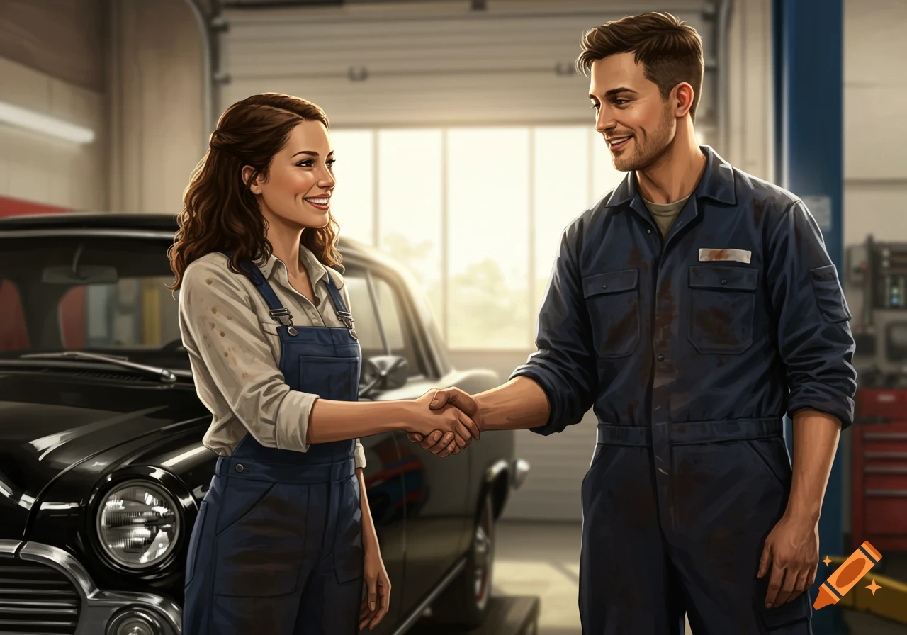 A man and woman in mechanic uniforms shake hands in a car repair shop.