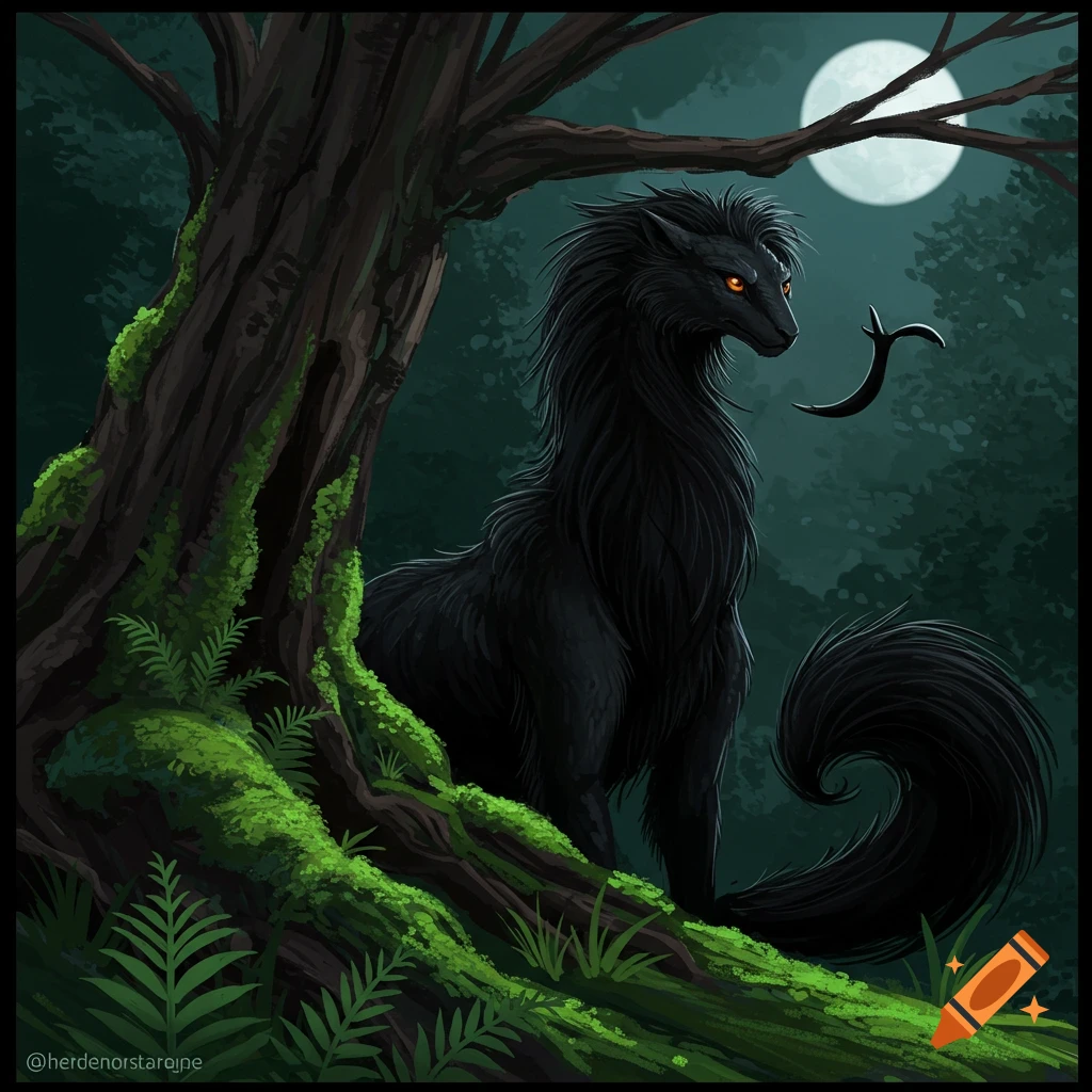 a-dark-furry-creature-with-glowing-eyes-sits-by-a-mossy-tree-in-a