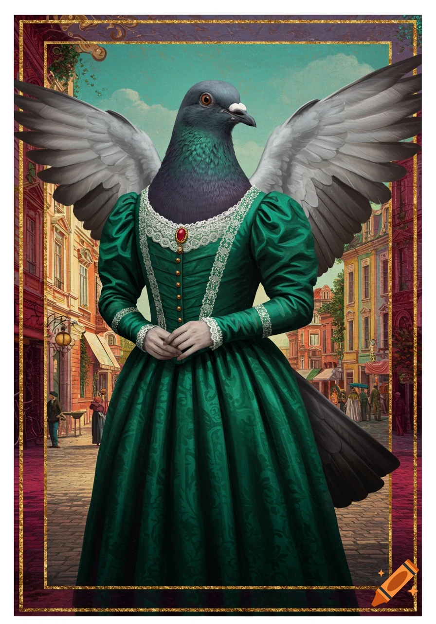 Anthropomorphic pigeon in a long green historical dress with wings standing on a cobblestone street.