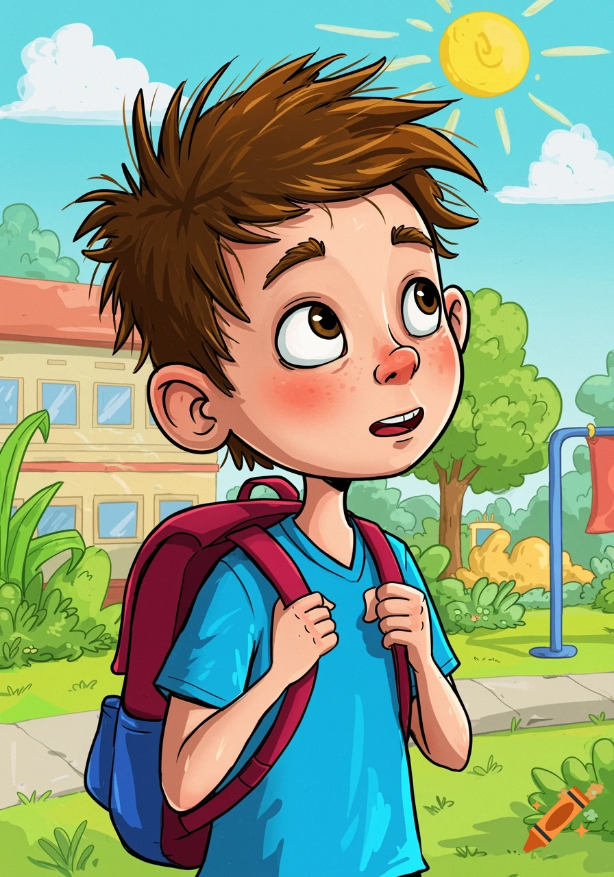 Cartoon illustration of a boy with a backpack standing outside a school under the sun.