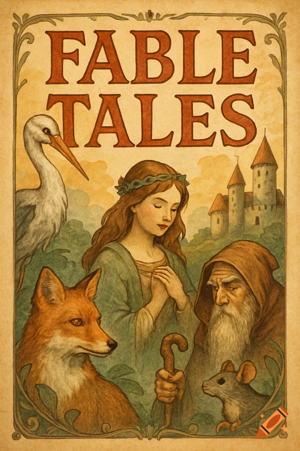 Vintage illustration poster for "FABLE TALES" featuring a girl, old man, fox, stork, and mouse with a castle.