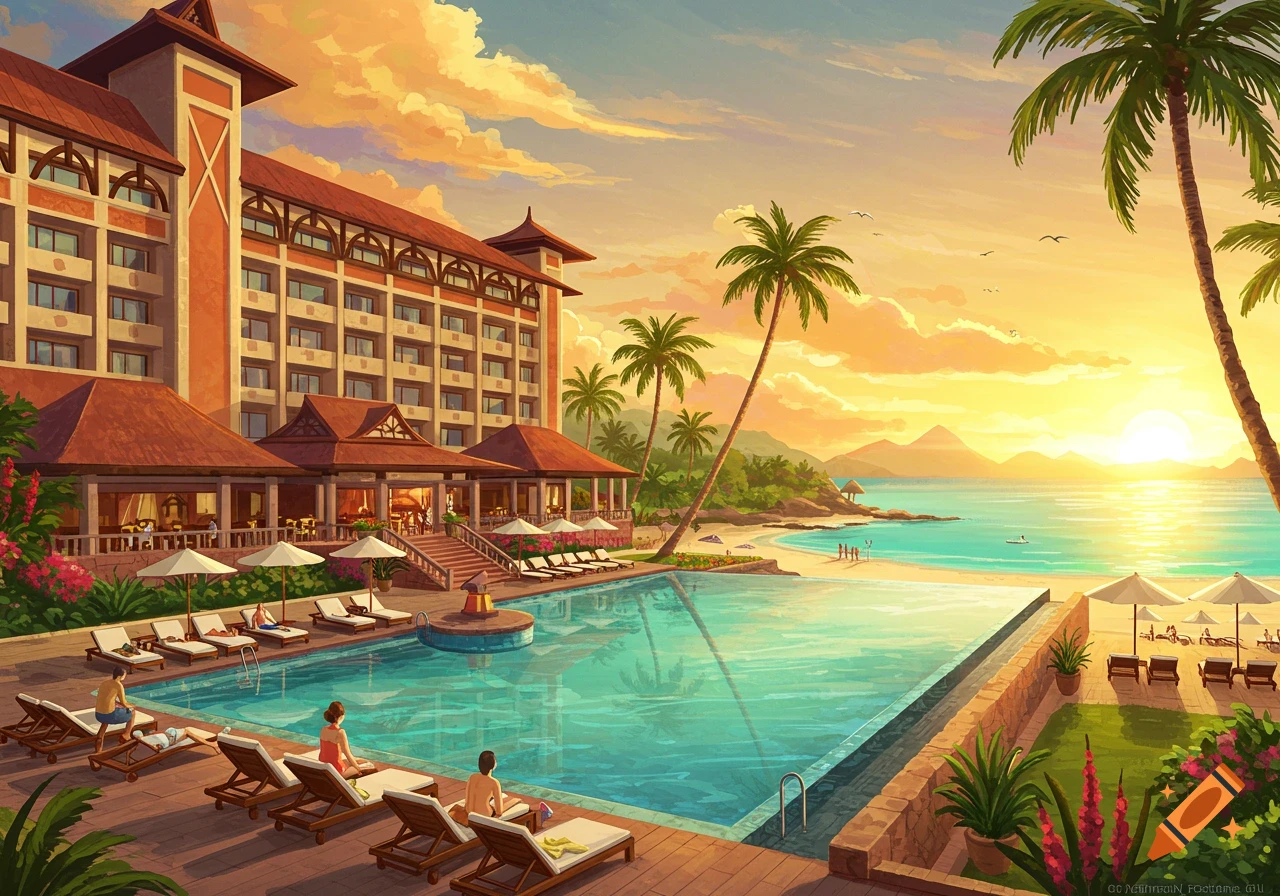 Illustrative painting of a tropical resort with a large hotel building, pool, beach, and palm trees at sunset.