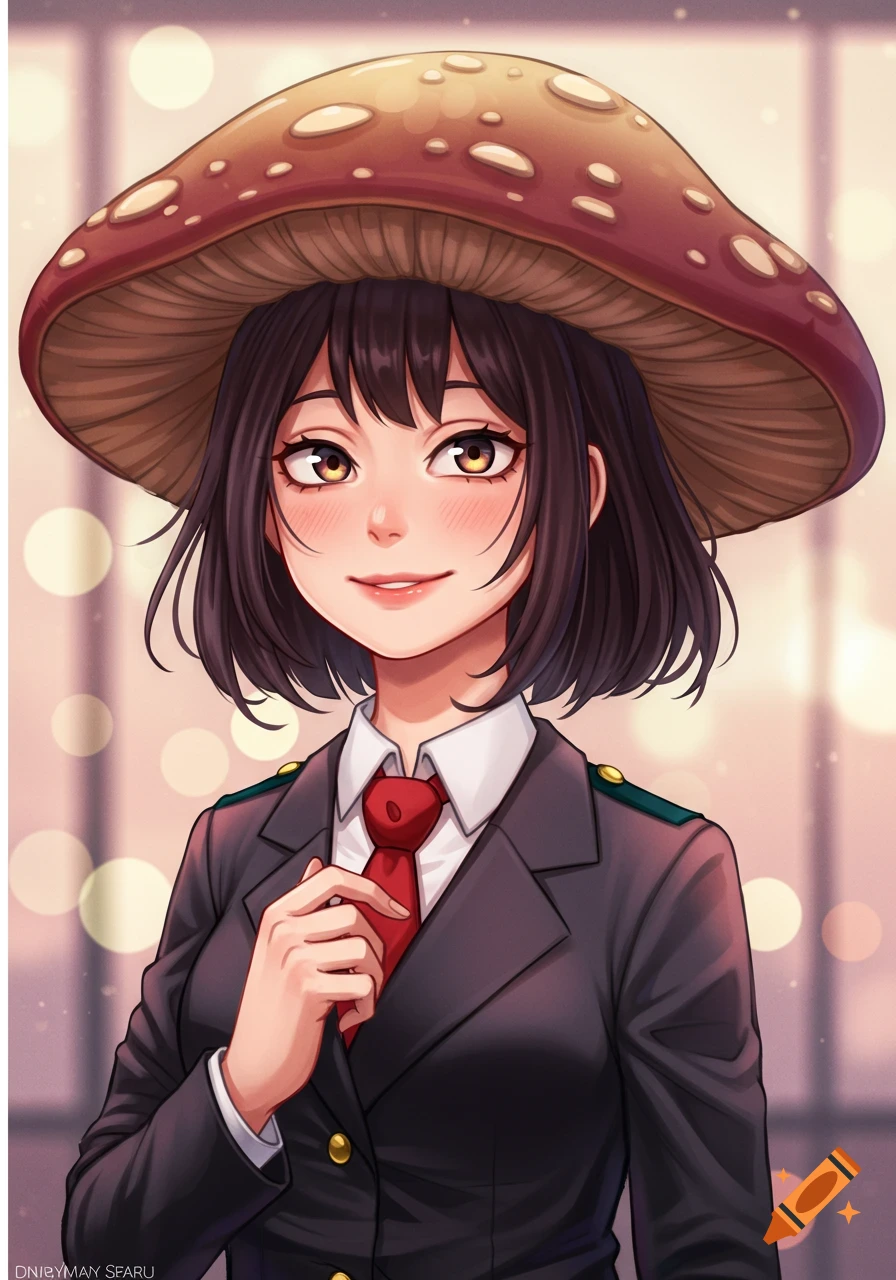 Anime portrait of a girl with a large mushroom hat wearing a school uniform
