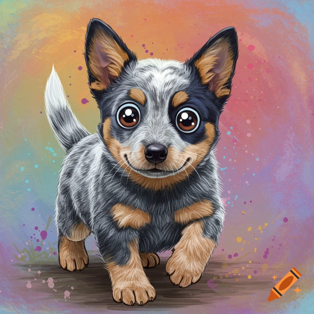 Cute Australian Cattle Dog puppy illustration with a colorful background.