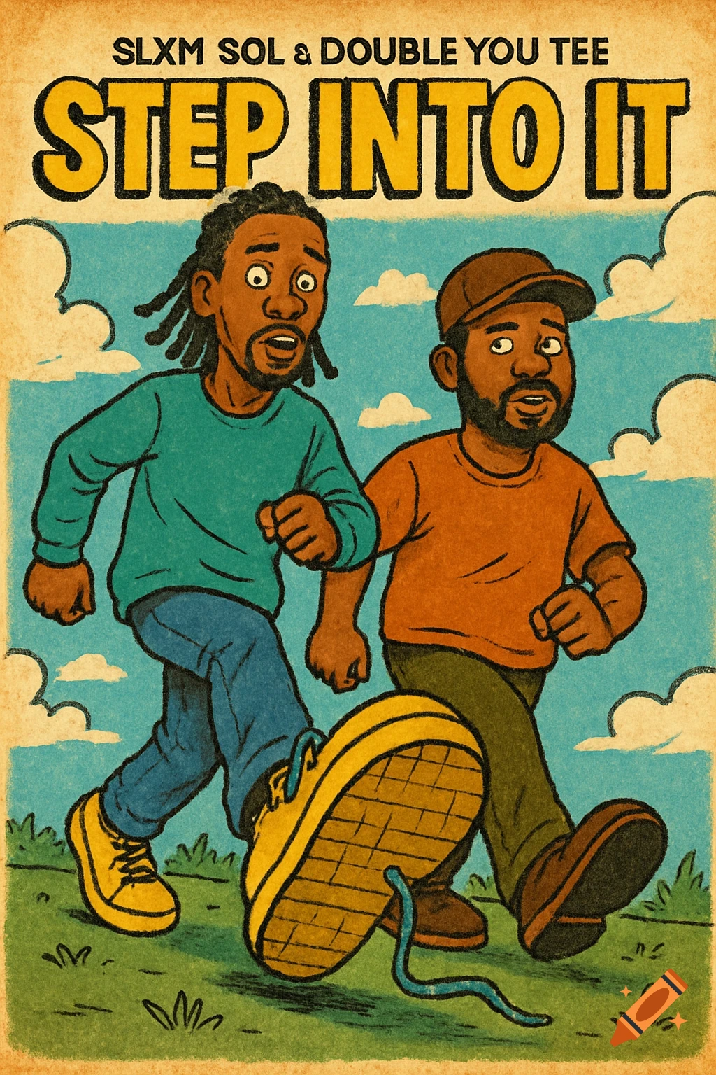 Cartoon artwork of two men running, one with a large shoe in the foreground, with text 'SLXM SOL & DOUBLE YOU TEE STEP INTO IT'.