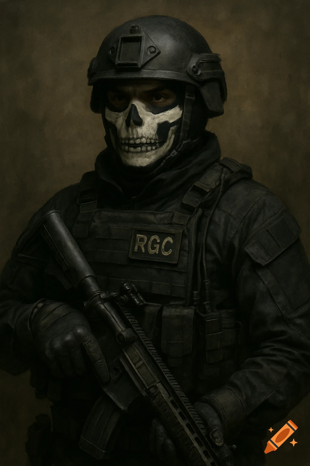 A portrait of a person in black tactical gear and a skull mask holding a rifle.