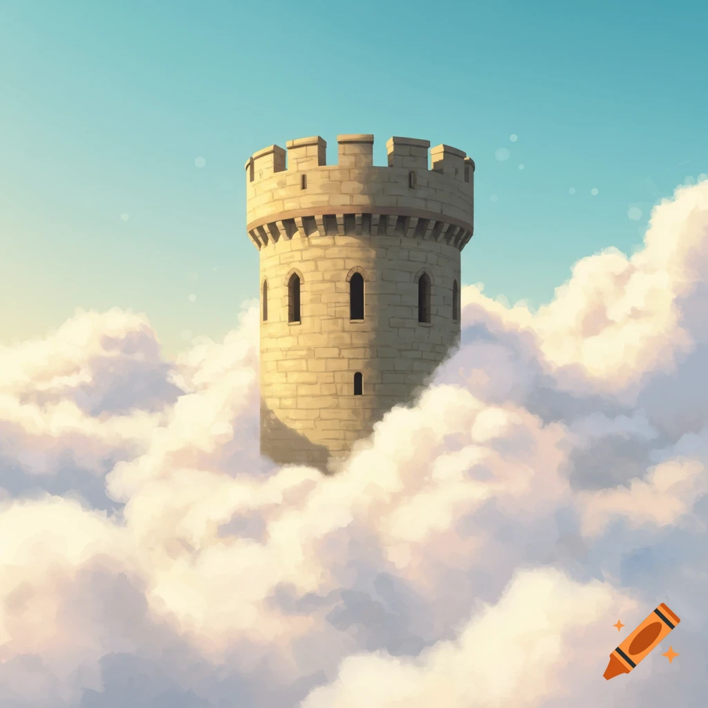 A stone tower floating among clouds in a fantasy setting.