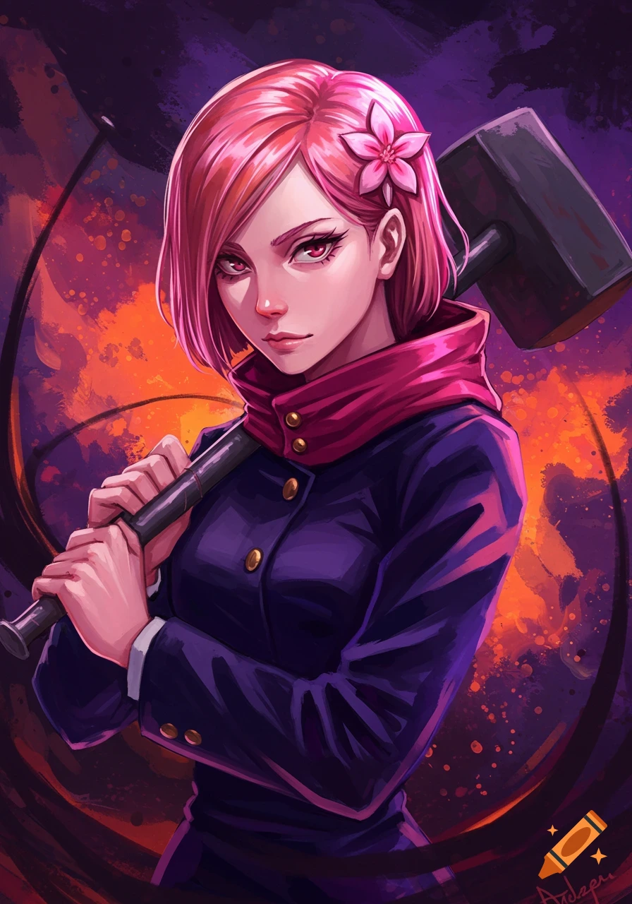 Anime art of a girl with pink hair holding a hammer against an orange and purple background.