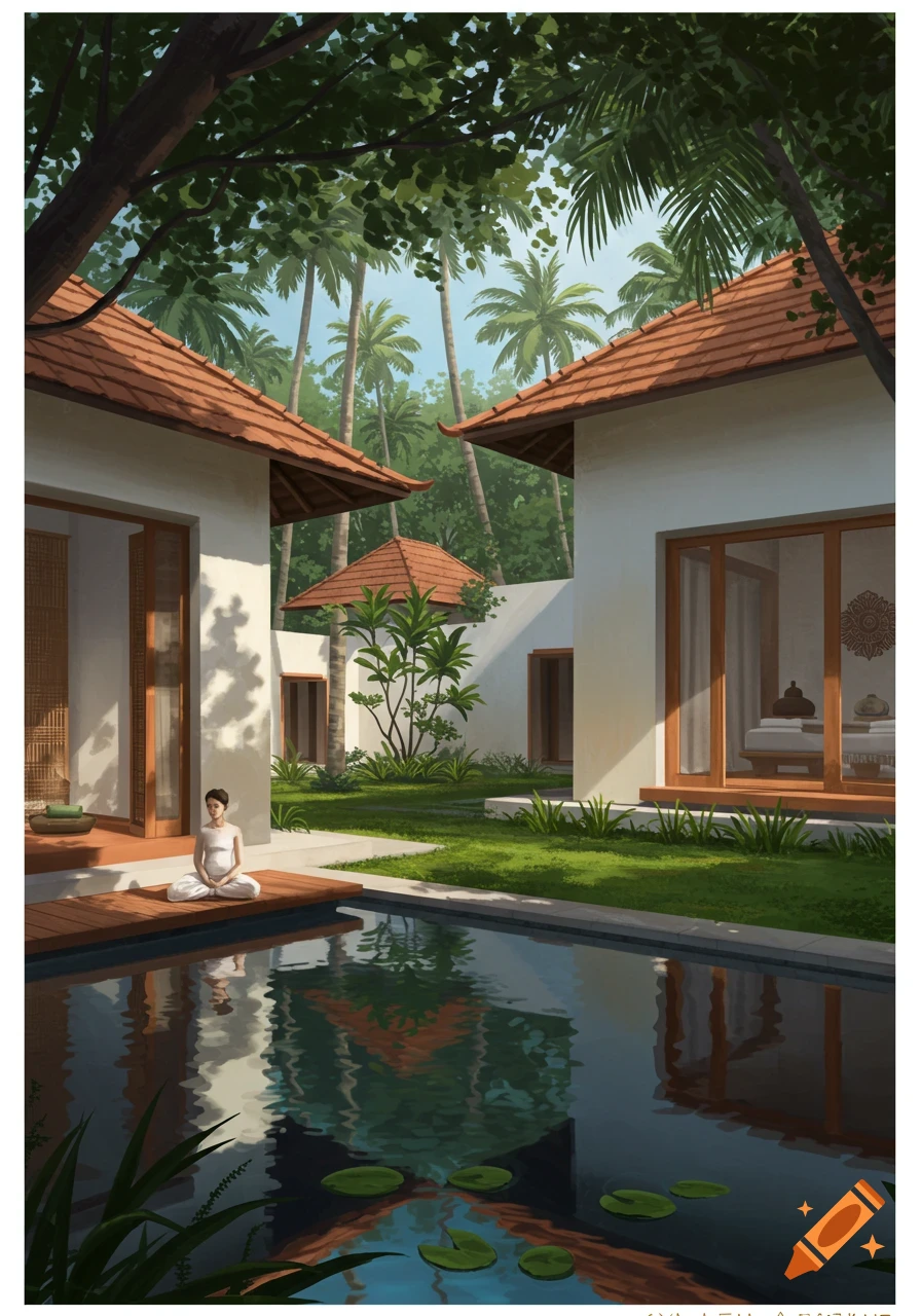 Illustration of a person meditating by a pool at a resort with palm trees