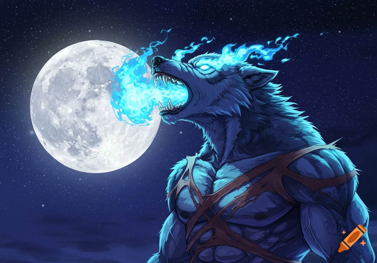 Muscular werewolf with blue flames ripping shirt, howling at large moon in starry night sky.