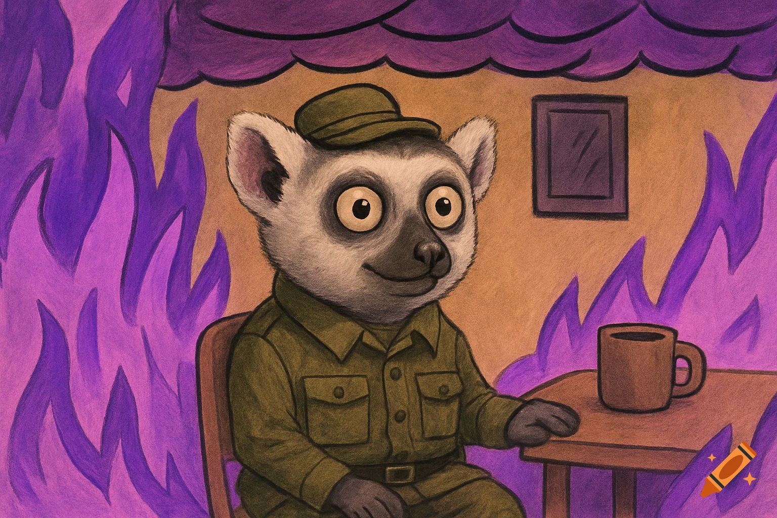 An illustration of a lemur in a uniform sitting at a table with a coffee cup while purple flames surround it.