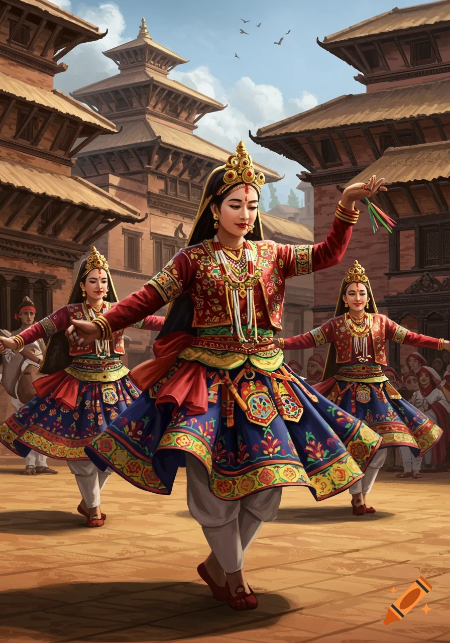 Three women in traditional clothing dance in a temple courtyard.