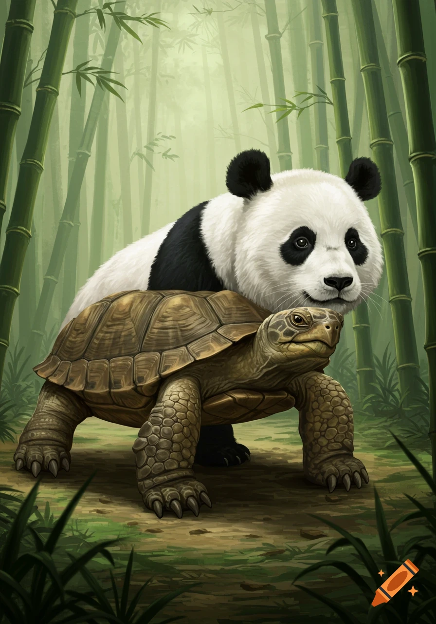 A realistic drawing of a panda riding on the back of a turtle in a bamboo forest.