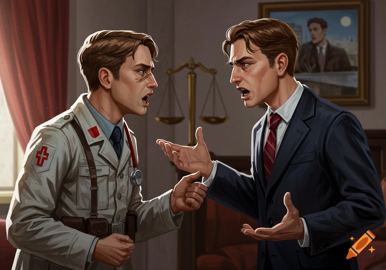 Two men, a medic and a lawyer, arguing in a room with scales of justice. Stylized illustration.