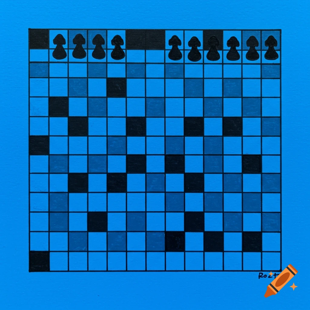 A board game grid with blue and black squares and black game pieces on a blue background.