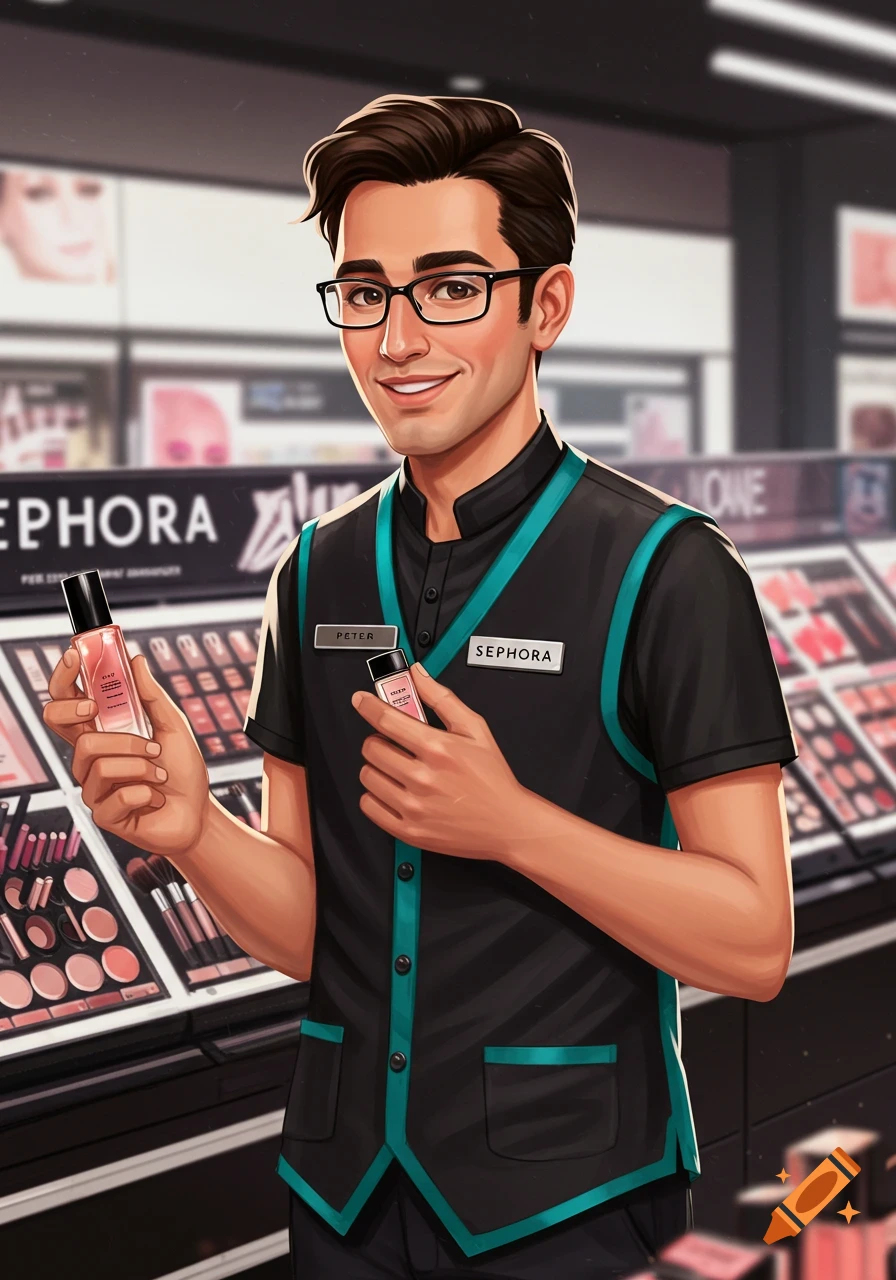 A man in a Sephora uniform holds up cosmetic bottles in a store. Illustration style.