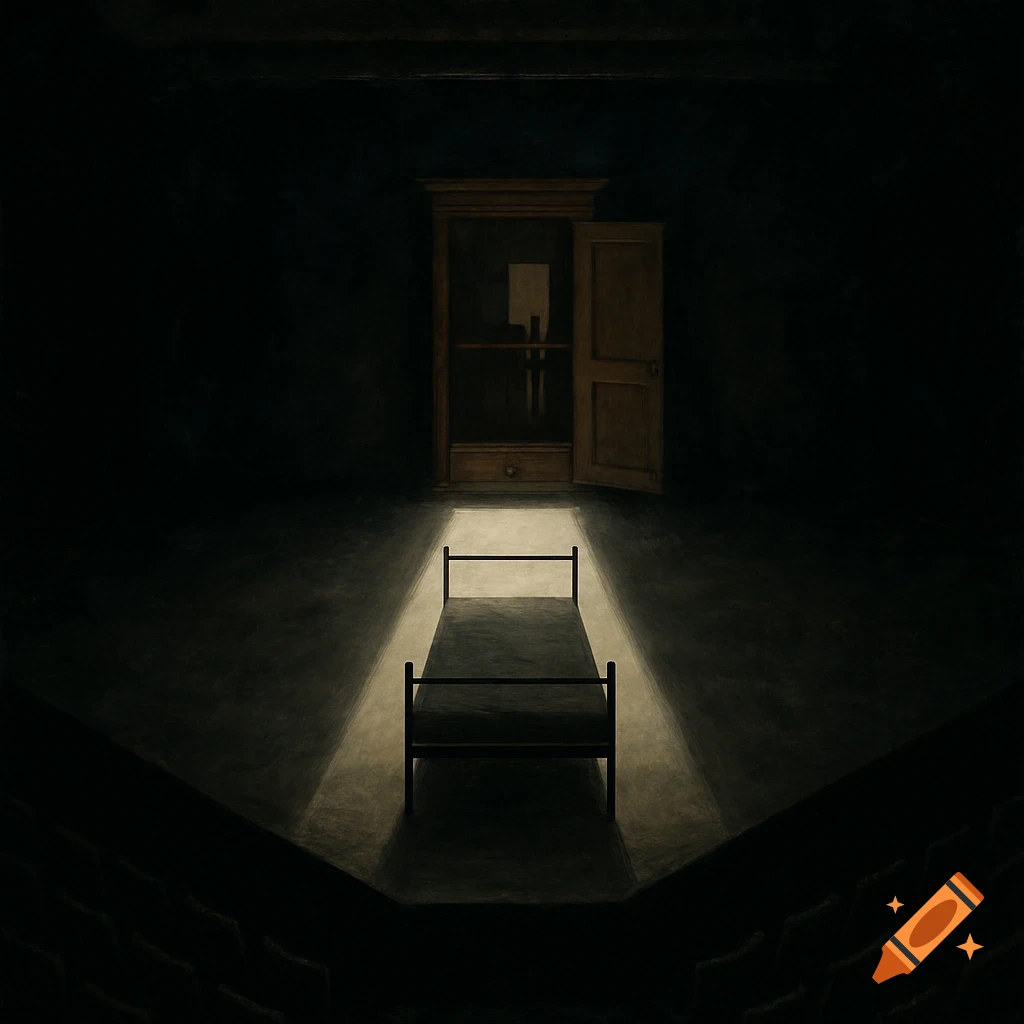 Theatrical stage set with a single bed in a spotlight and a closet in the background, surrounded by darkness.