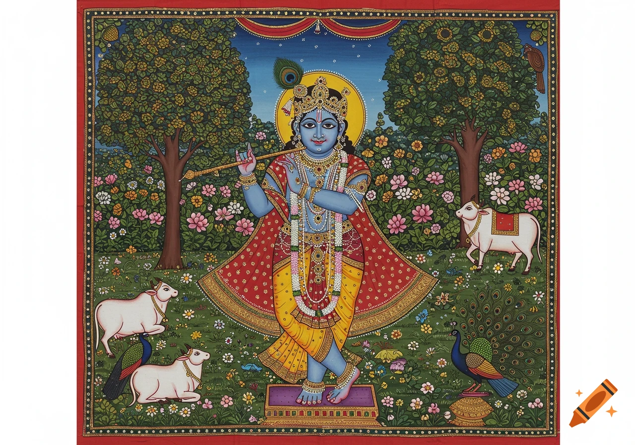 Painting of Krishna playing a flute surrounded by cows, peacocks, trees, and flowers in a lush landscape.