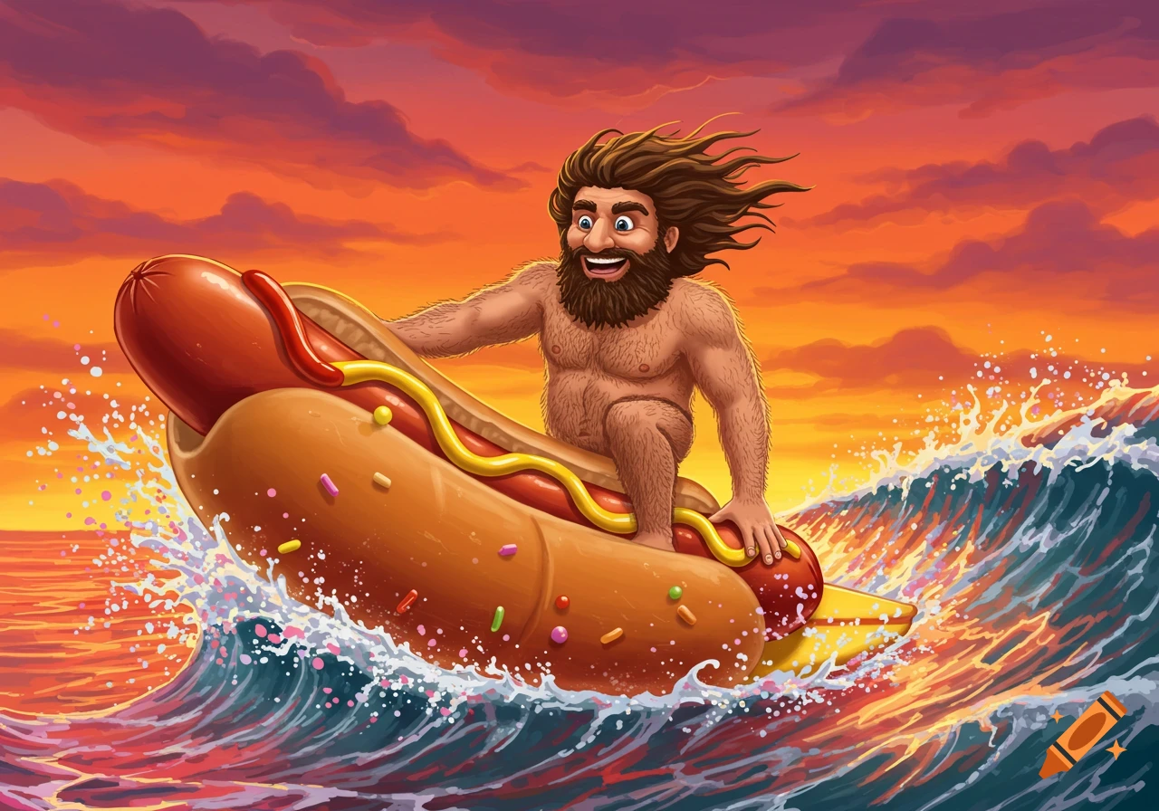 Illustration of a hairy man surfing a wave on a giant hotdog at sunset.