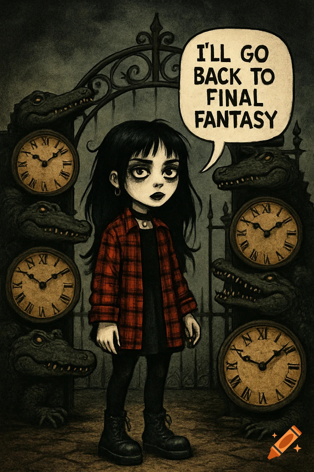 A goth girl in a plaid shirt stands by a gate with clocks and gators, saying "I'll go back to final fantasy". Stylized illustration.