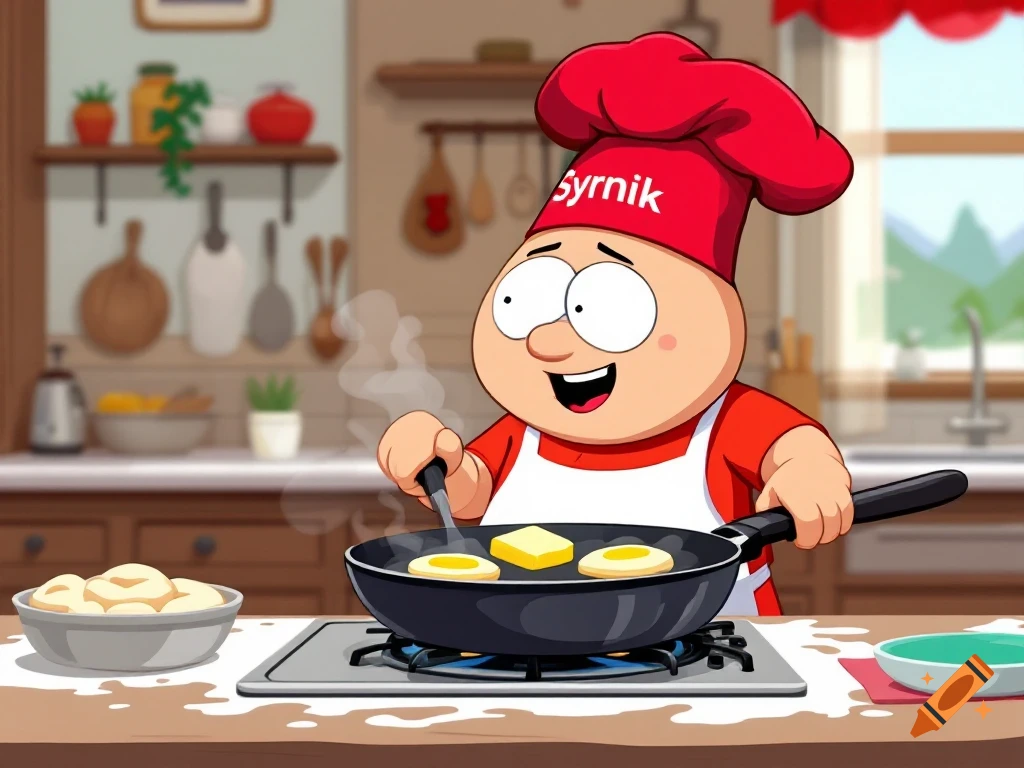 Cartoon chef in red hat cooking in a kitchen