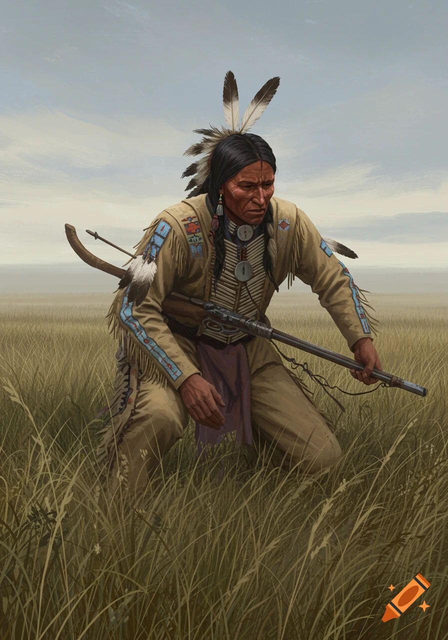 Digital painting of a Native American man kneeling in tall grass with a rifle and bow.