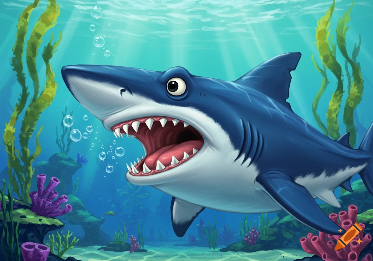 A cartoon shark with its mouth open swims underwater amidst seaweed and coral.