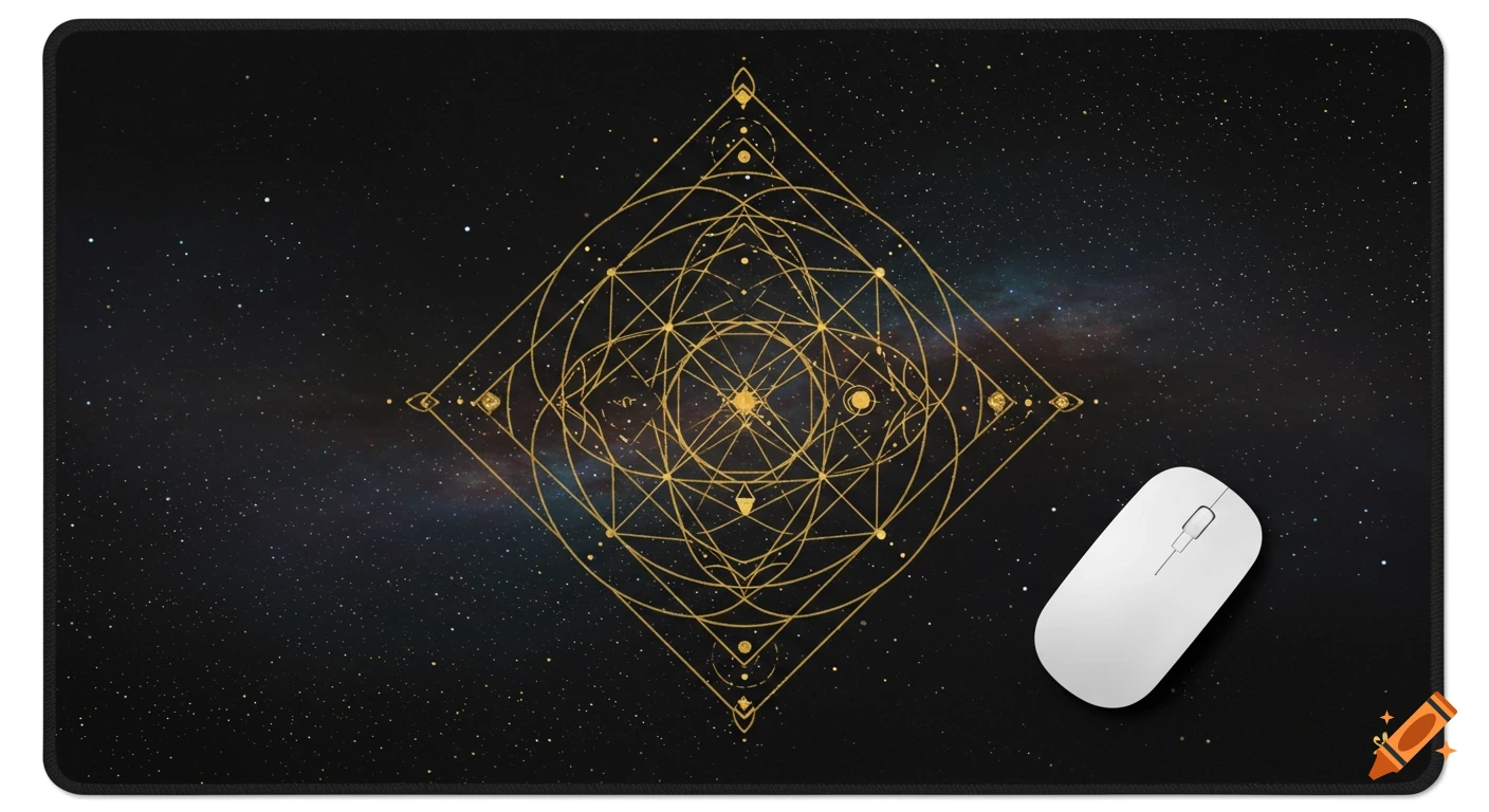 Mouse pad with golden sacred geometry pattern on a space background, with a white mouse