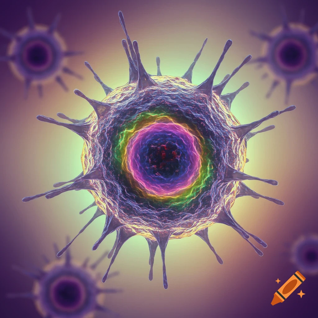 Close-up view of a spiky cell or virus with a colorful core, against a blurry background.