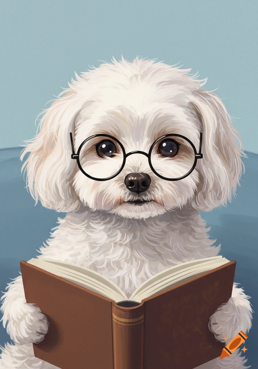 A white fluffy dog wears round glasses and reads a brown book on Craiyon
