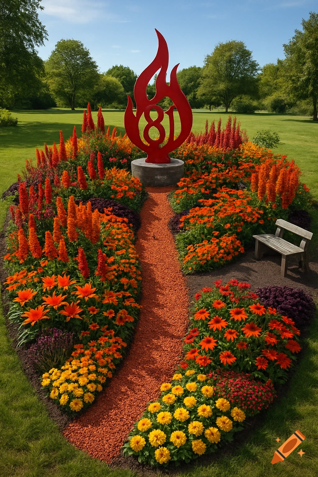 Firefighter memorial garden with red flame sculpture incorporating the number 81, surrounded by vibrant orange and yellow flowers.