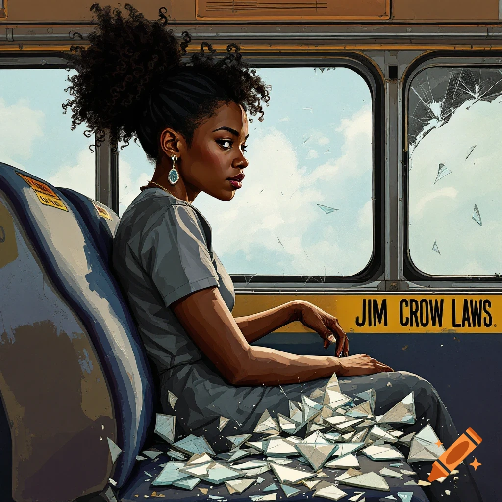 A Black woman sits on a bus, shattered glass on the seat and floor. Text on the bus reads "JIM CROW LAWS".