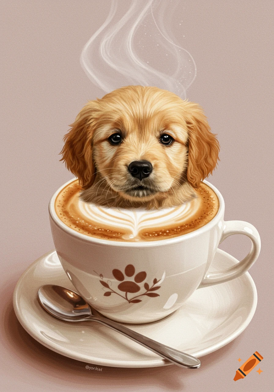 A cute golden retriever puppy sits in a cup of steaming cappuccino with latte art.