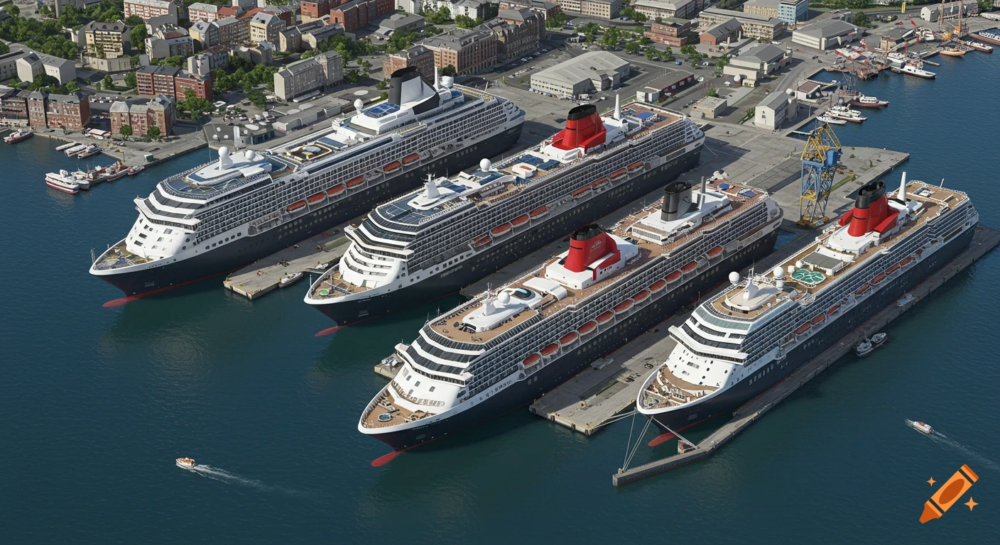 Aerial view of four large cruise ships docked in a harbor city.