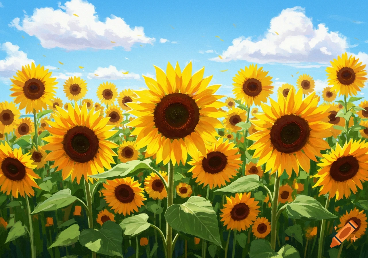 A close view of vibrant yellow sunflowers in a garden under a blue sky with clouds.