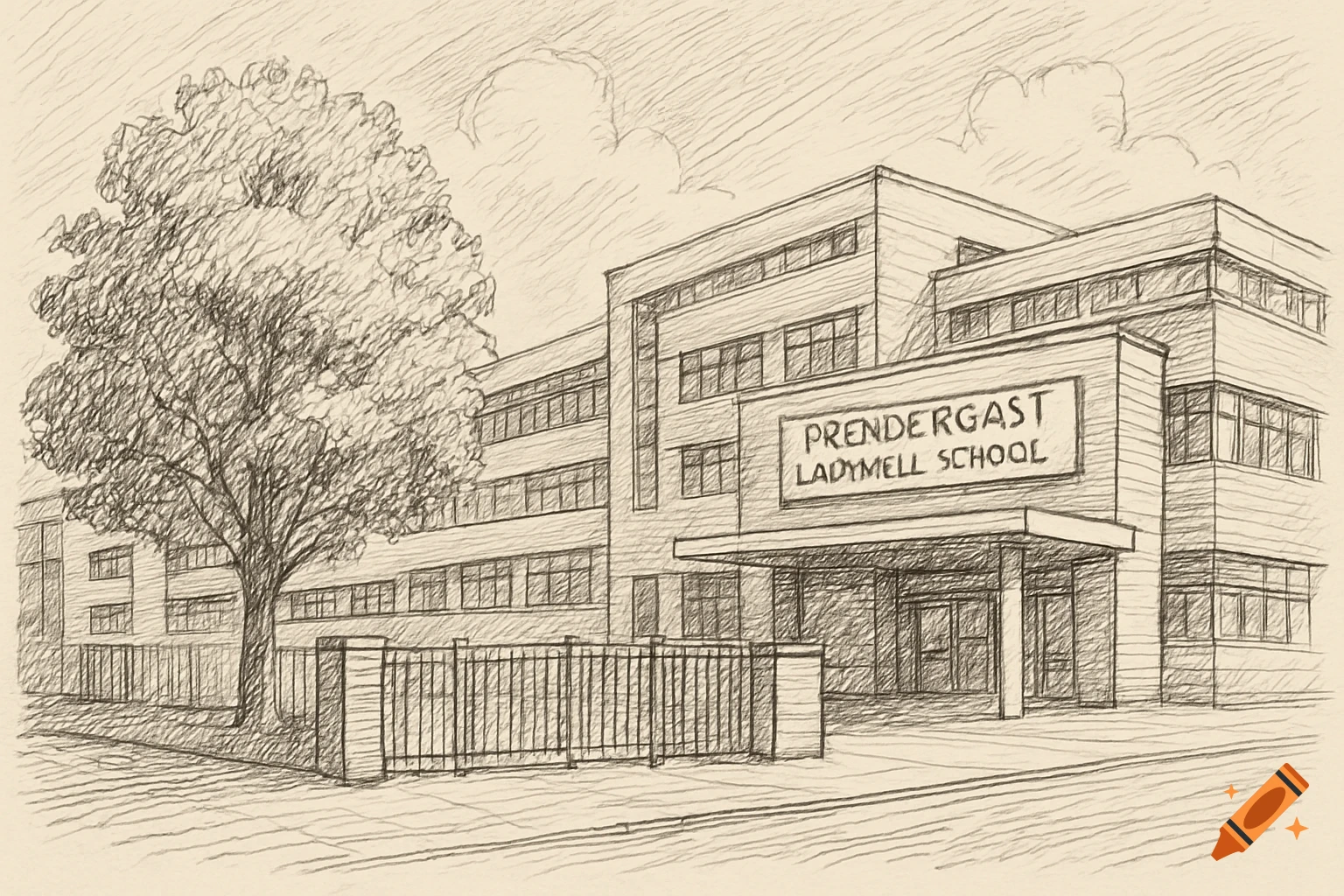 Pencil sketch of a school building with a sign reading 'PRENDERGAST LADYMELL SCHOOL', tree, and fence.