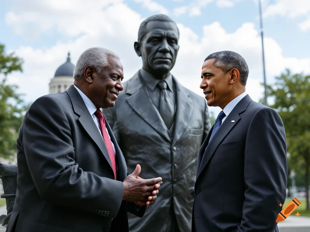 Photorealistic image of Clarence Thomas and Barack Obama talking near a statue outdoors.
