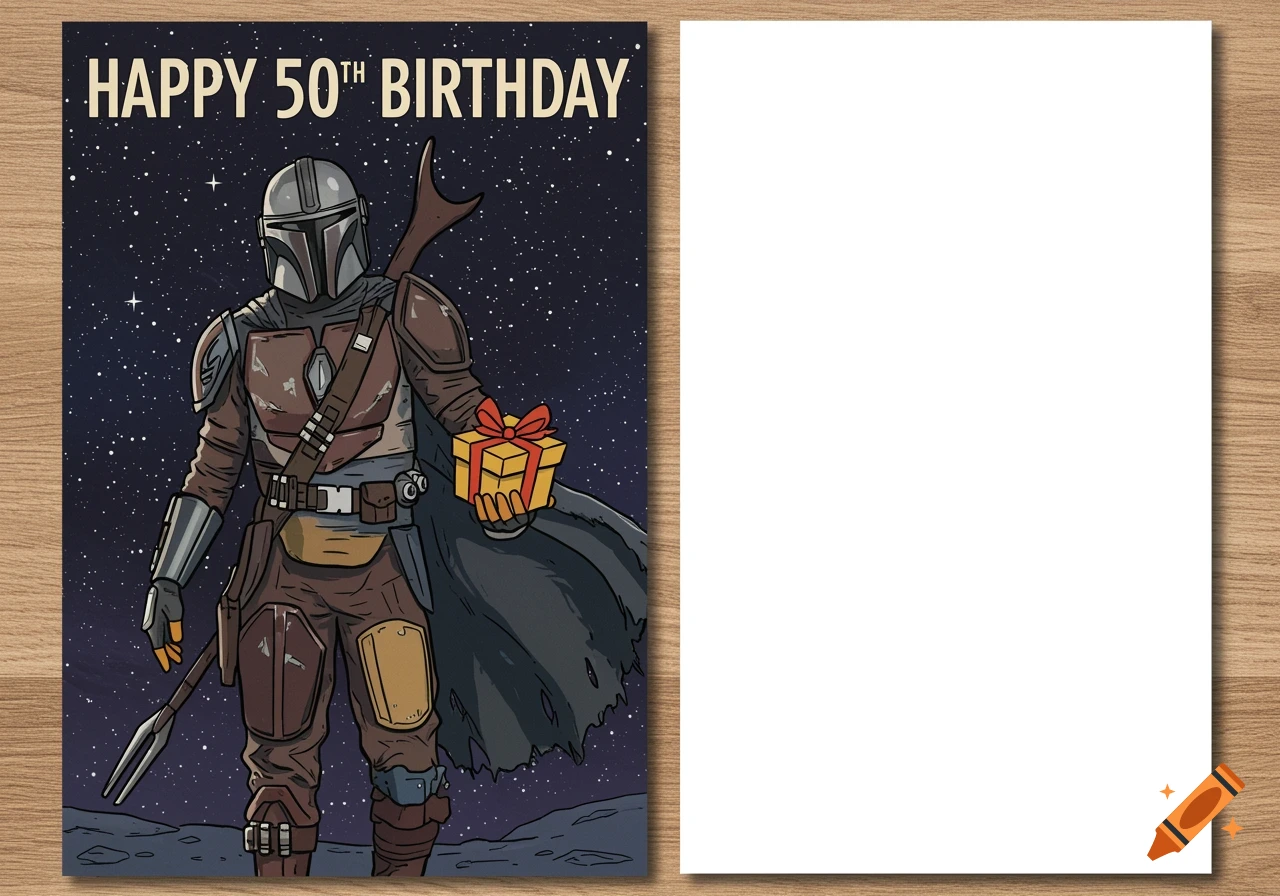 Cartoon illustration of the Mandalorian holding a gift box against a starry background. Text reads "HAPPY 50TH BIRTHDAY".