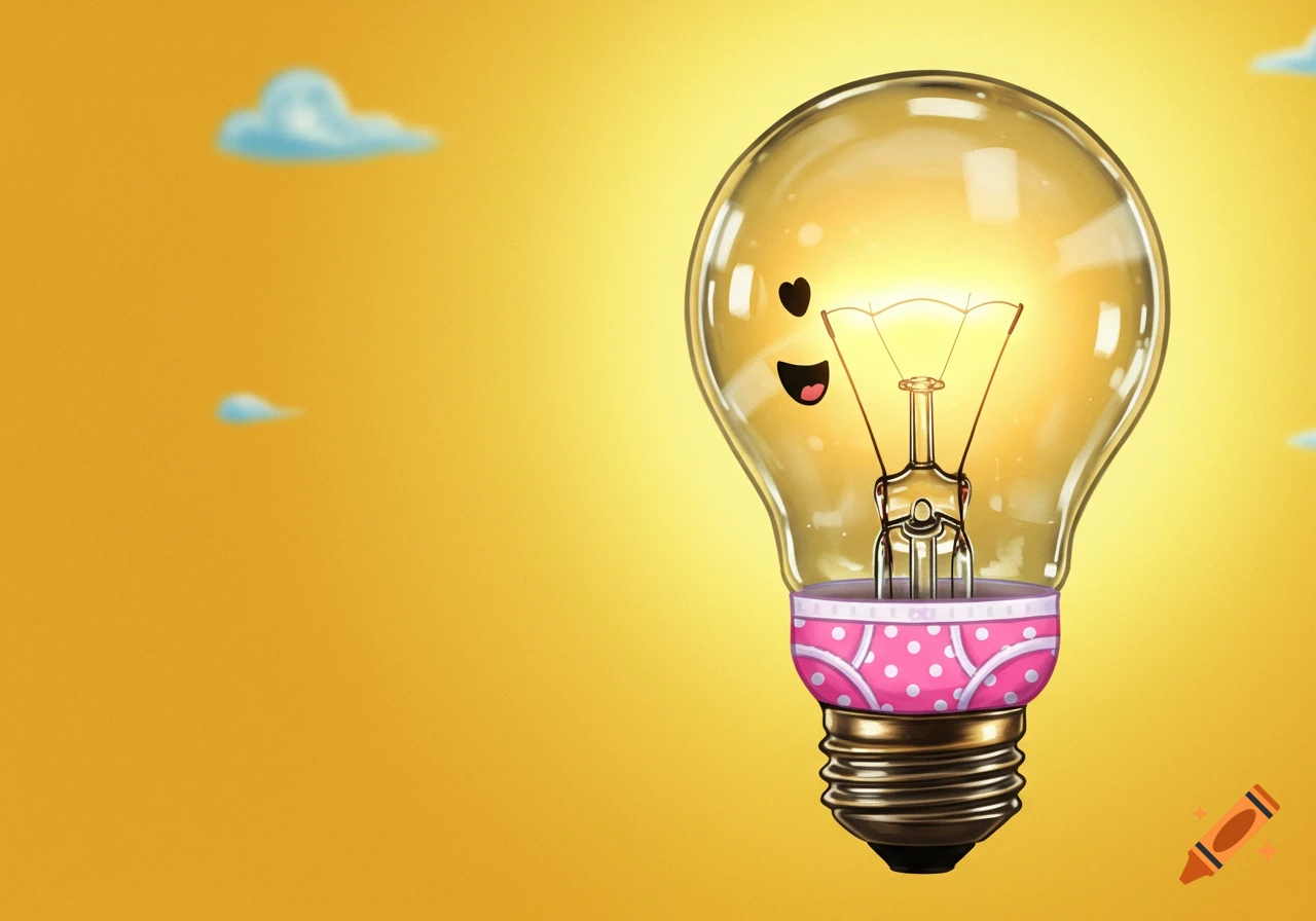 A cartoon lightbulb with a face wears pink polka dot underwear on a yellow background with clouds.