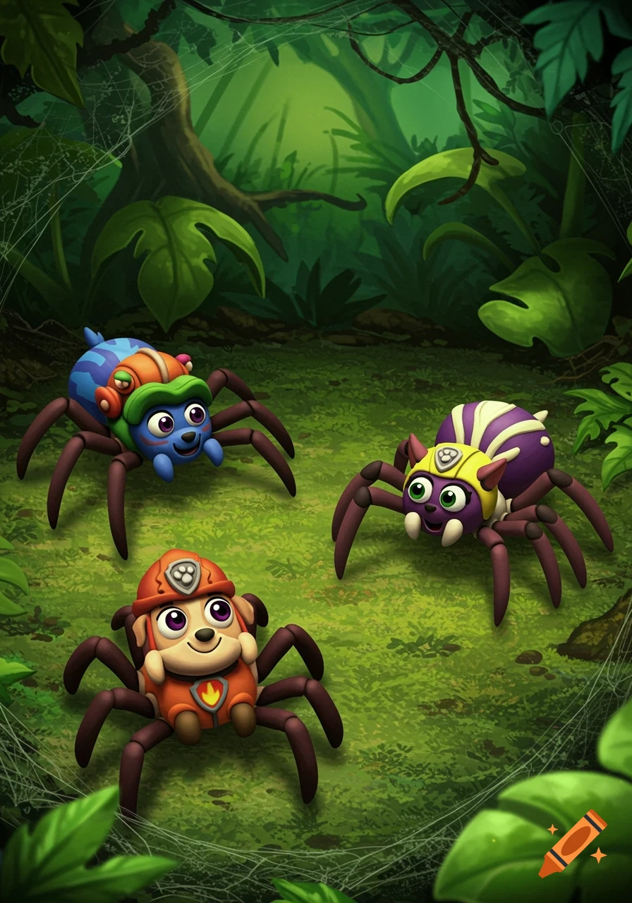 Clay model diorama of happy cartoon spider-versions of Paw Patrol characters in a jungle.