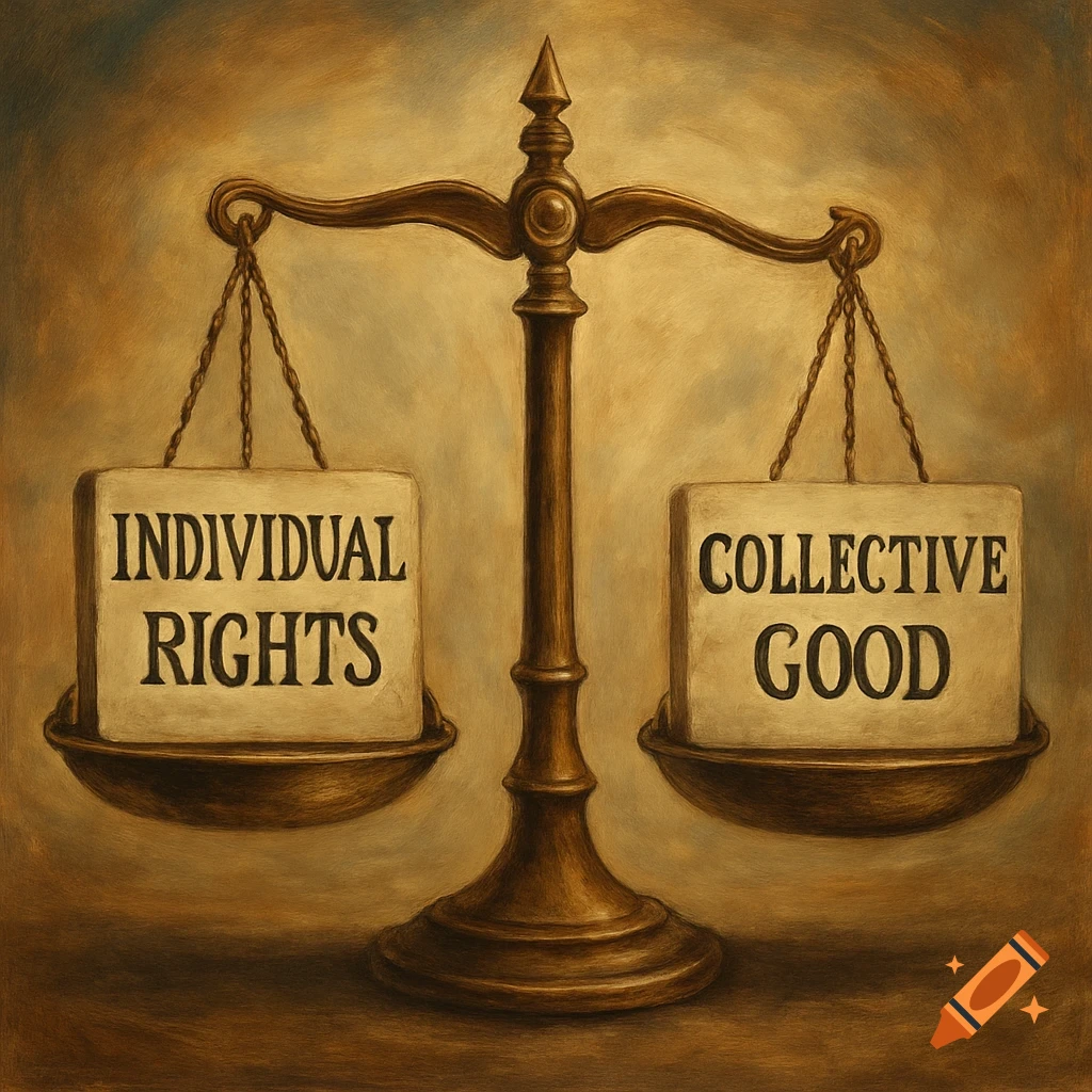 Scales balancing blocks labeled "Individual Rights" and "Collective Good" in a painted style.