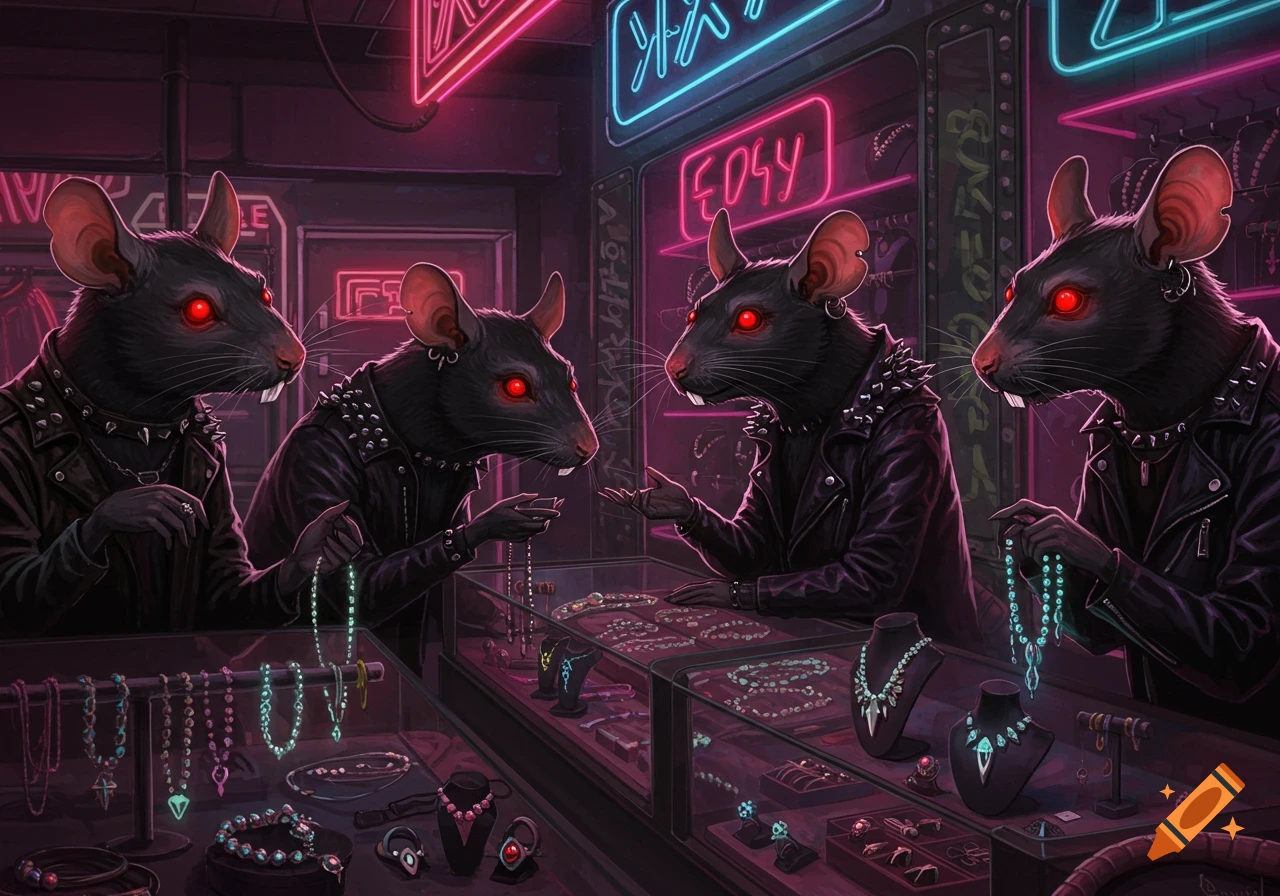Anthropomorphic rats in cyberpunk leather jackets shopping for jewelry in a neon-lit boutique.