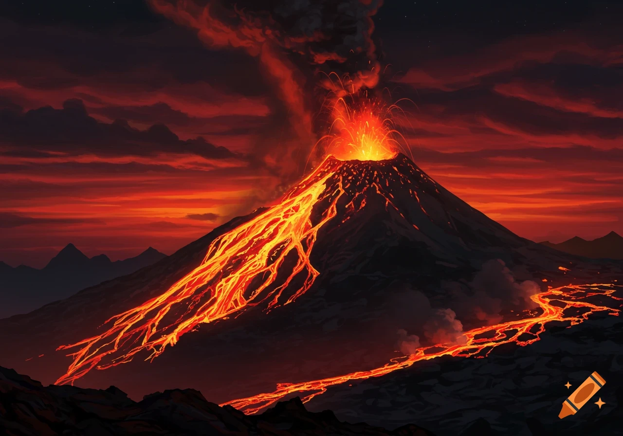 Volcano erupting with lava flowing down slopes at night