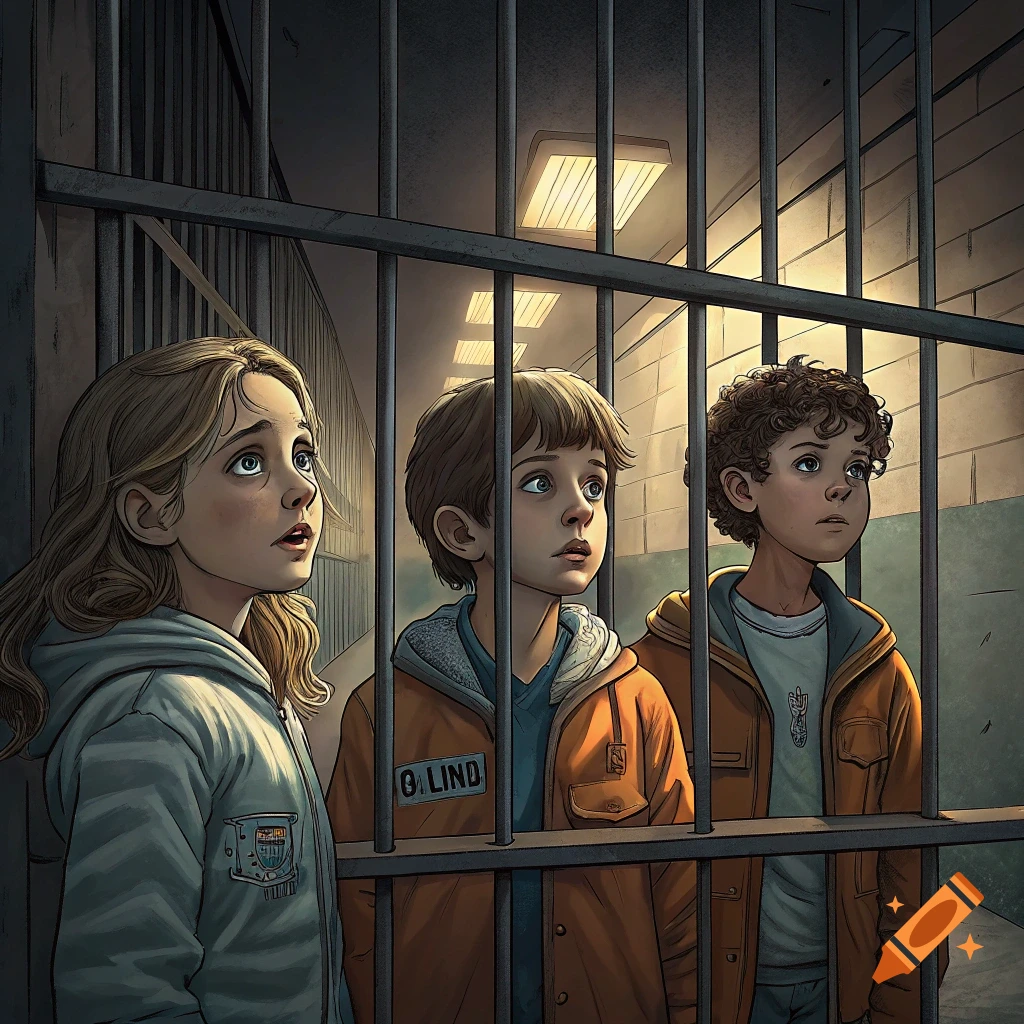 Illustration of three kids with anxious expressions looking upwards through prison bars.
