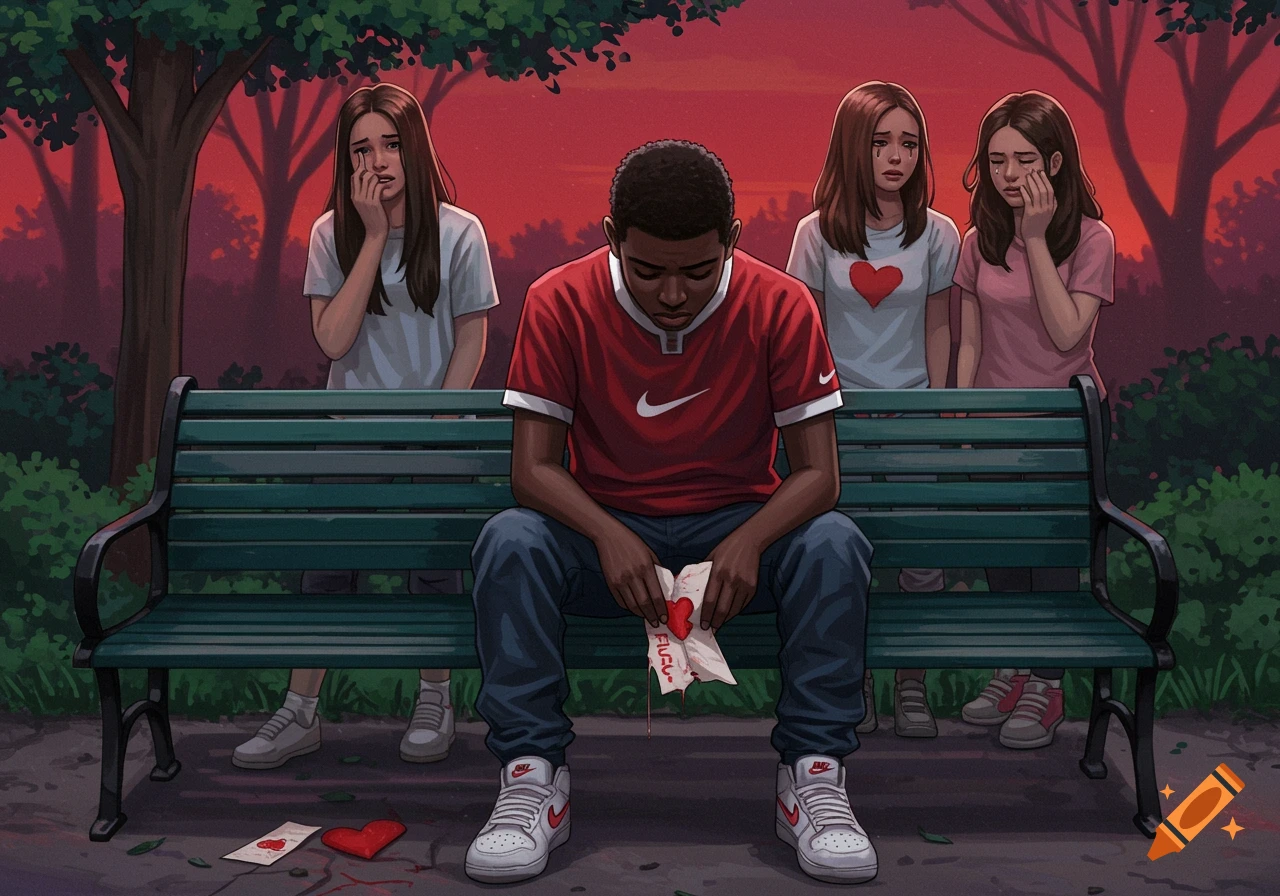 Illustrative scene of a boy on a park bench holding a ripped letter and heart, with three sad girls behind him.