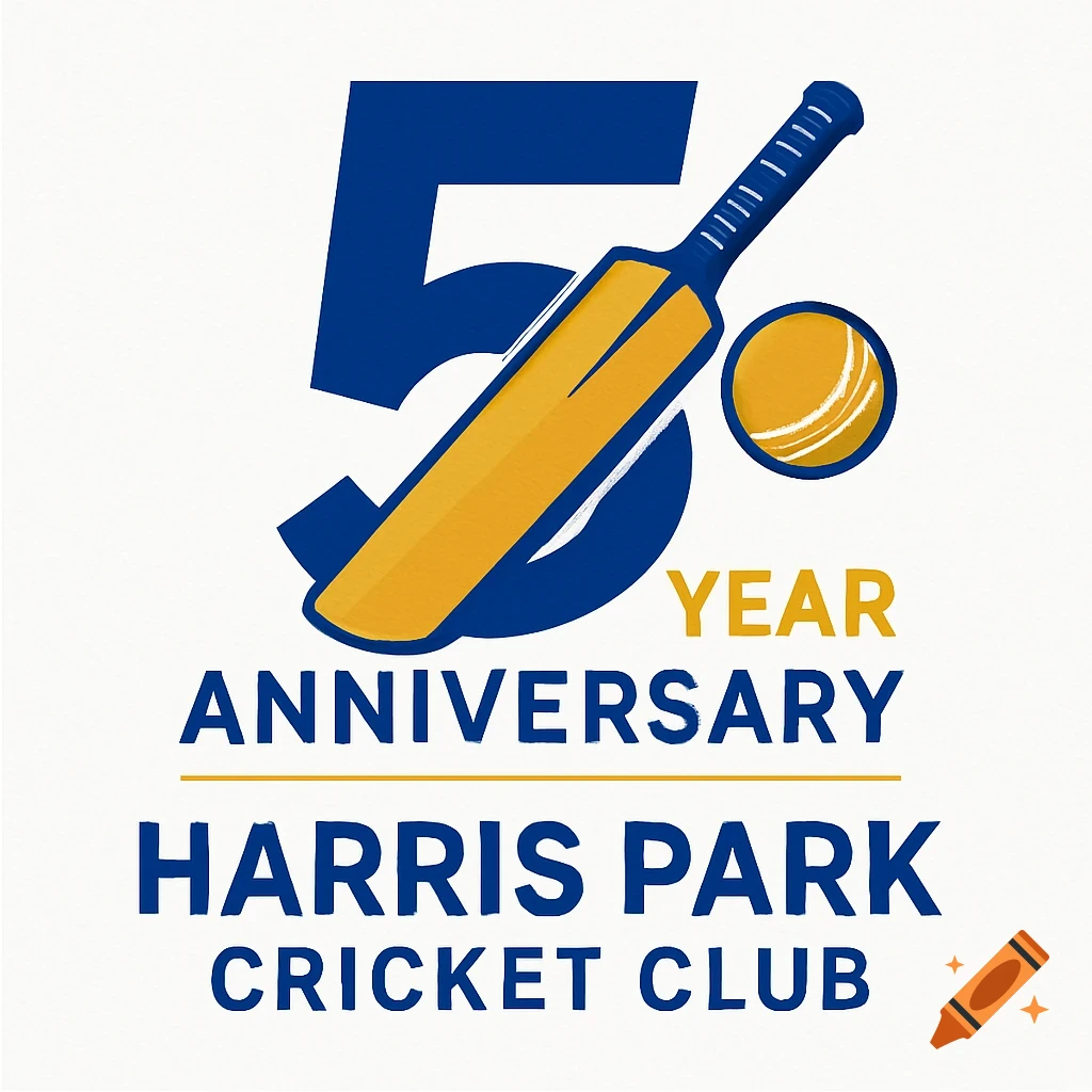 Logo for the 5-year anniversary of the Harris Park Cricket Club featuring a large blue 5 integrated with a cricket bat and ball.
