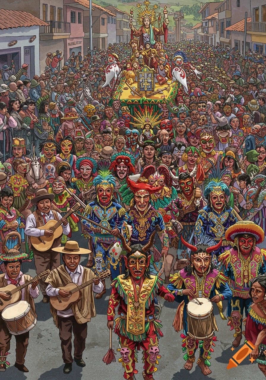 Vibrant carnival parade with large crowd, colorful masks, costumes, musicians, and a float with religious figures.