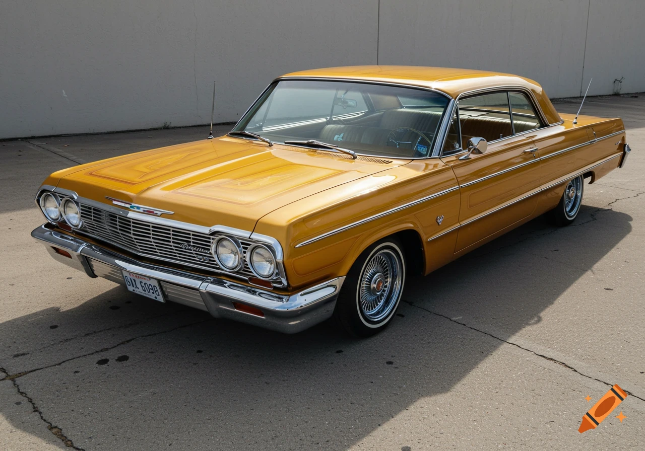 A golden 1963 Chevy Impala lowrider parked outside.