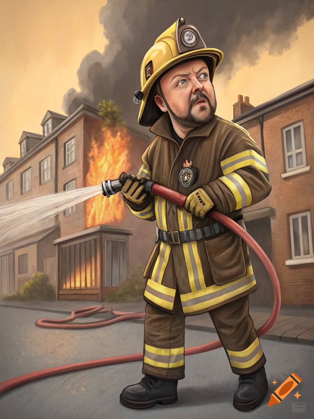 A cartoonish Ricky Gervais dressed as a firefighter spraying water at a building fire, painterly style.