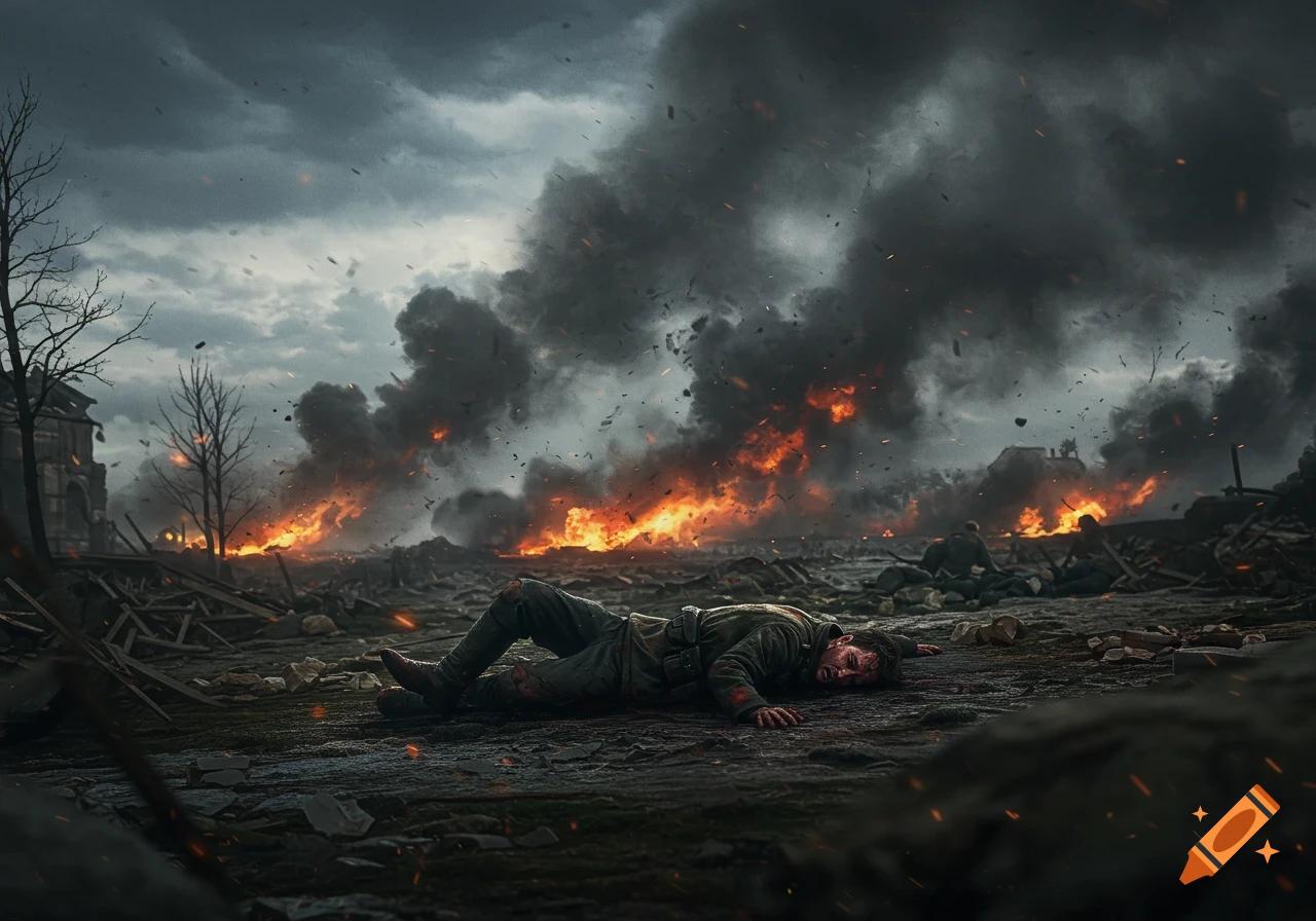 A fallen soldier lies in the rubble amidst fire and smoke on a battlefield.